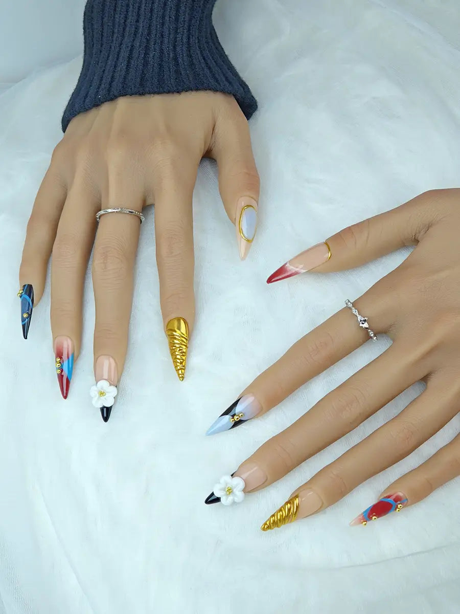 Luxury Mixed-Pattern Press-On Nails – Nude Base with Metallic & Color Block Accents