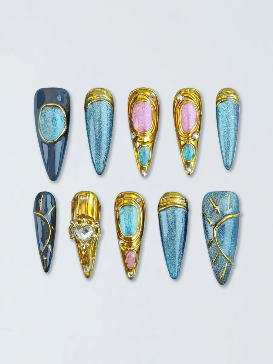 Luxe Metallic Colorblock Stiletto Press-On Nails – Black, Blue & Pink Gold