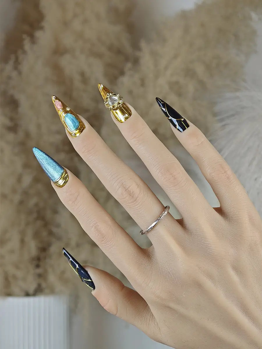 Luxe Metallic Colorblock Stiletto Press-On Nails – Black, Blue & Pink Gold