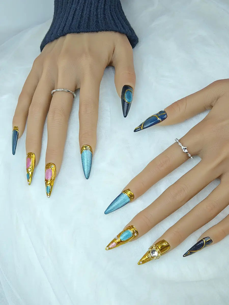 Luxe Metallic Colorblock Stiletto Press-On Nails – Black, Blue & Pink Gold
