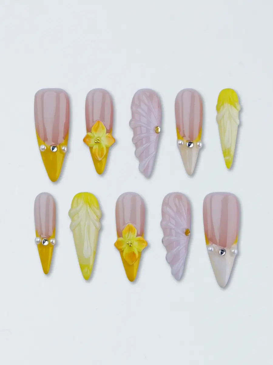 Nude Pink to Warm Yellow Stiletto Press-On Nails with 3D Flowers & Butterfly Charms