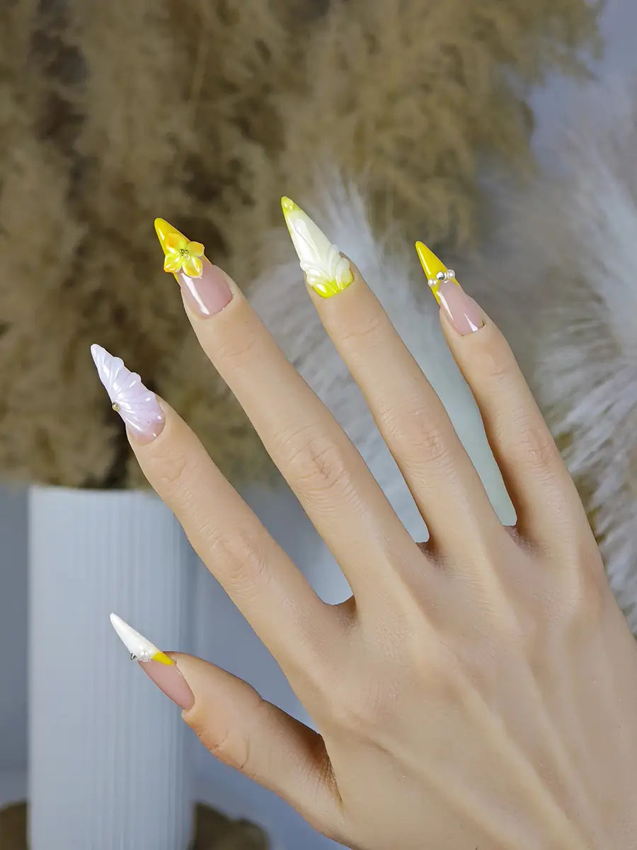 Nude Pink to Warm Yellow Stiletto Press-On Nails with 3D Flowers & Butterfly Charms