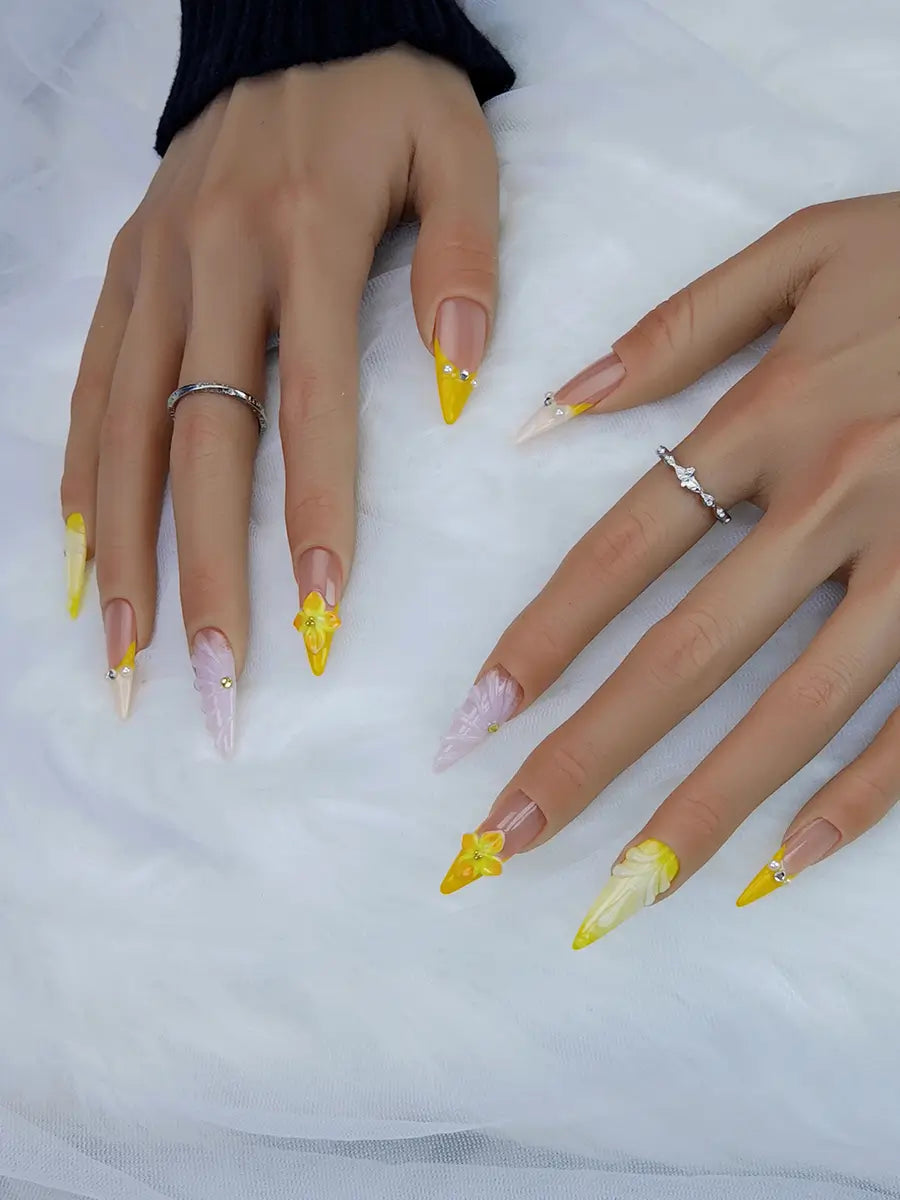 Nude Pink to Warm Yellow Stiletto Press-On Nails with 3D Flowers & Butterfly Charms
