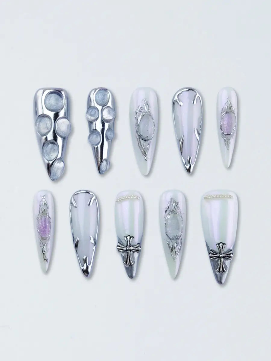 Futuristic Silver & Iridescent Metal Stiletto Press-On Nails with Rhinestones