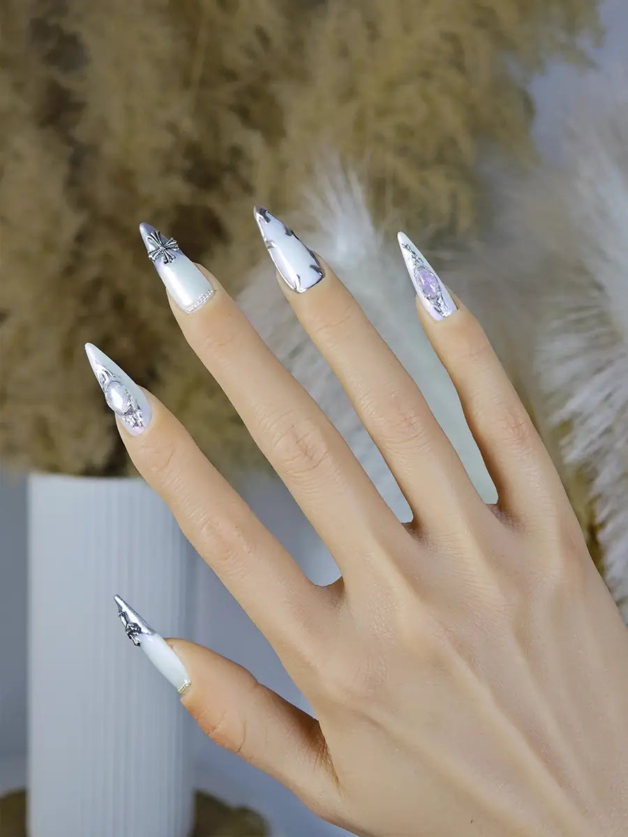Futuristic Silver & Iridescent Metal Stiletto Press-On Nails with Rhinestones