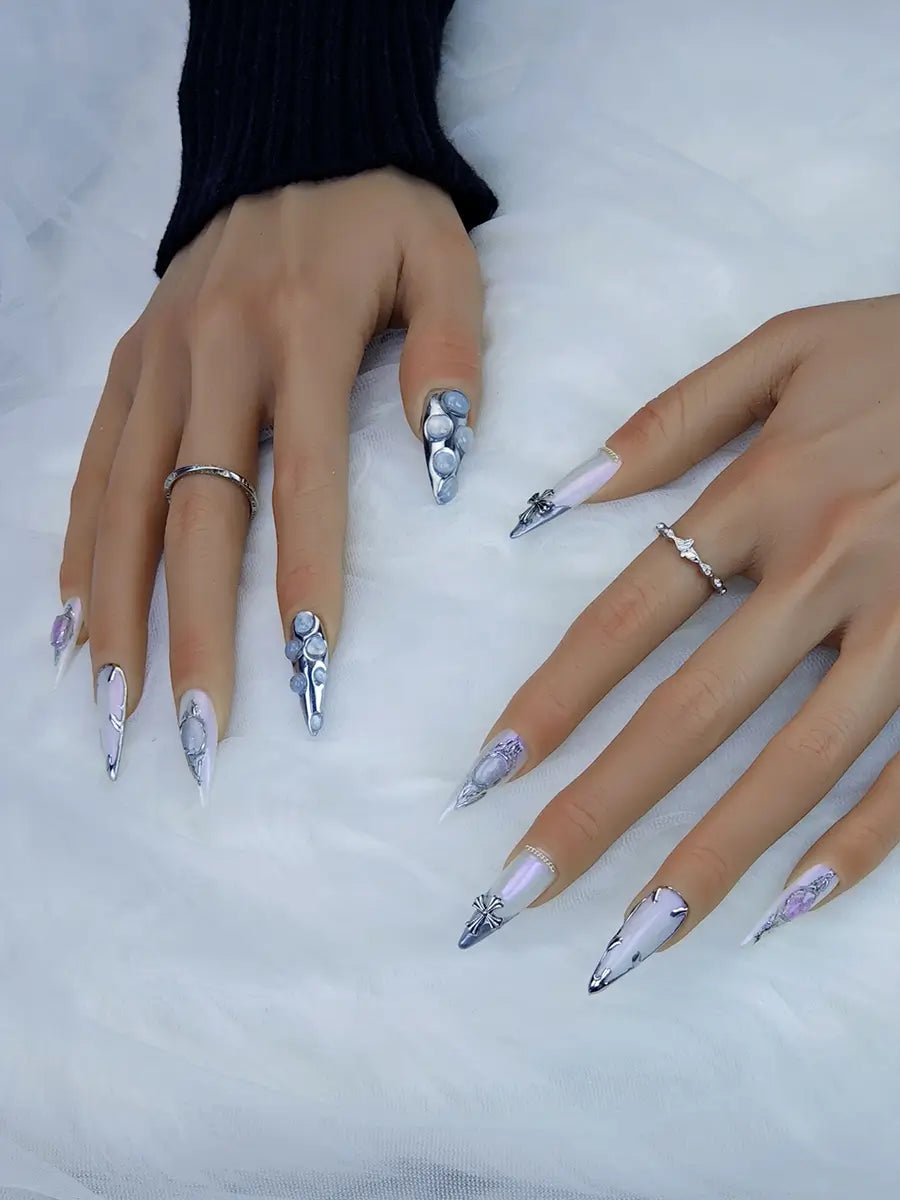 Futuristic Silver & Iridescent Metal Stiletto Press-On Nails with Rhinestones