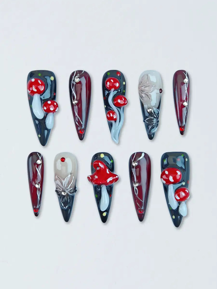 Dark Forest Mushroom 3D Press-On Nails – Black & Deep Red with Natural Accents