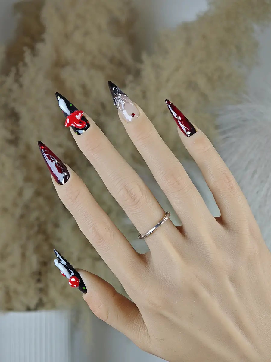 Dark Forest Mushroom 3D Press-On Nails – Black & Deep Red with Natural Accents