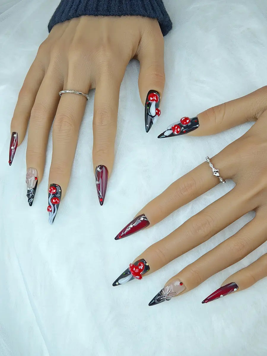 Dark Forest Mushroom 3D Press-On Nails – Black & Deep Red with Natural Accents