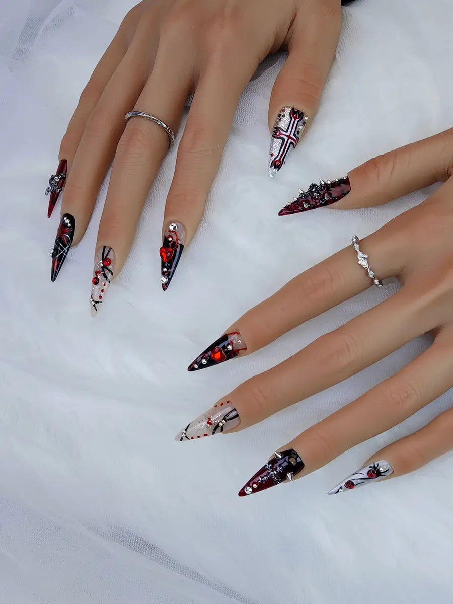 Black Red Punk Gothic Stiletto Nails with Metal Cross & Skull Charms