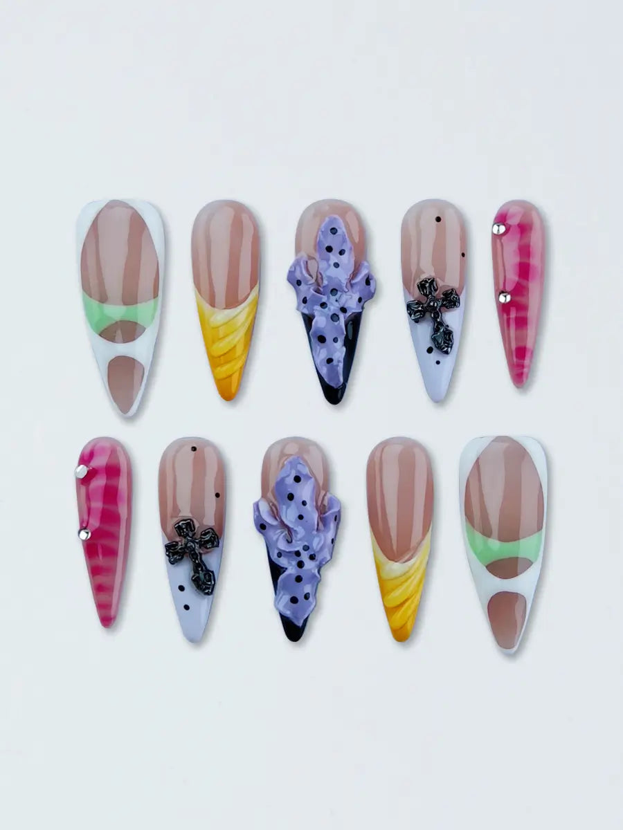 Cyberpunk Spiked Stiletto Press-On Nails with 3D Thorns & Metallic Cross Charms