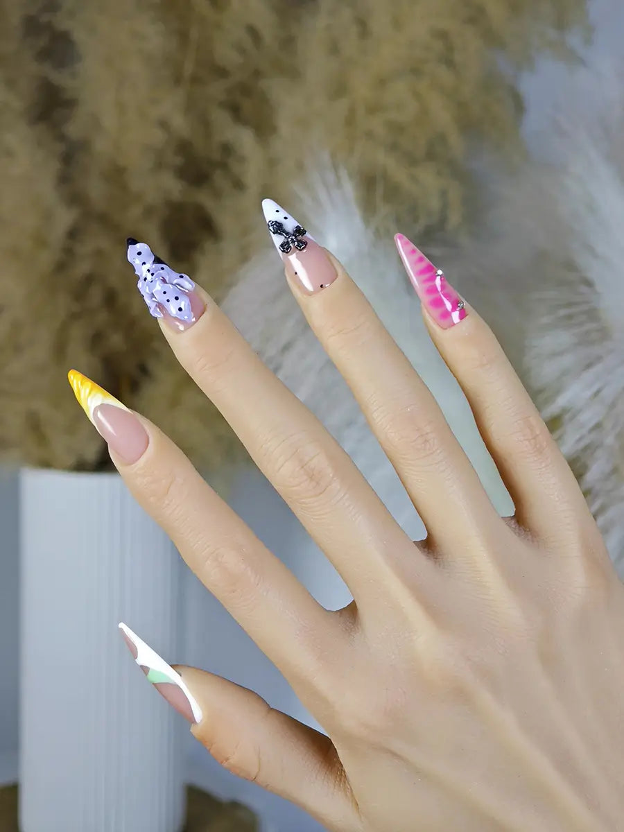 Cyberpunk Spiked Stiletto Press-On Nails with 3D Thorns & Metallic Cross Charms