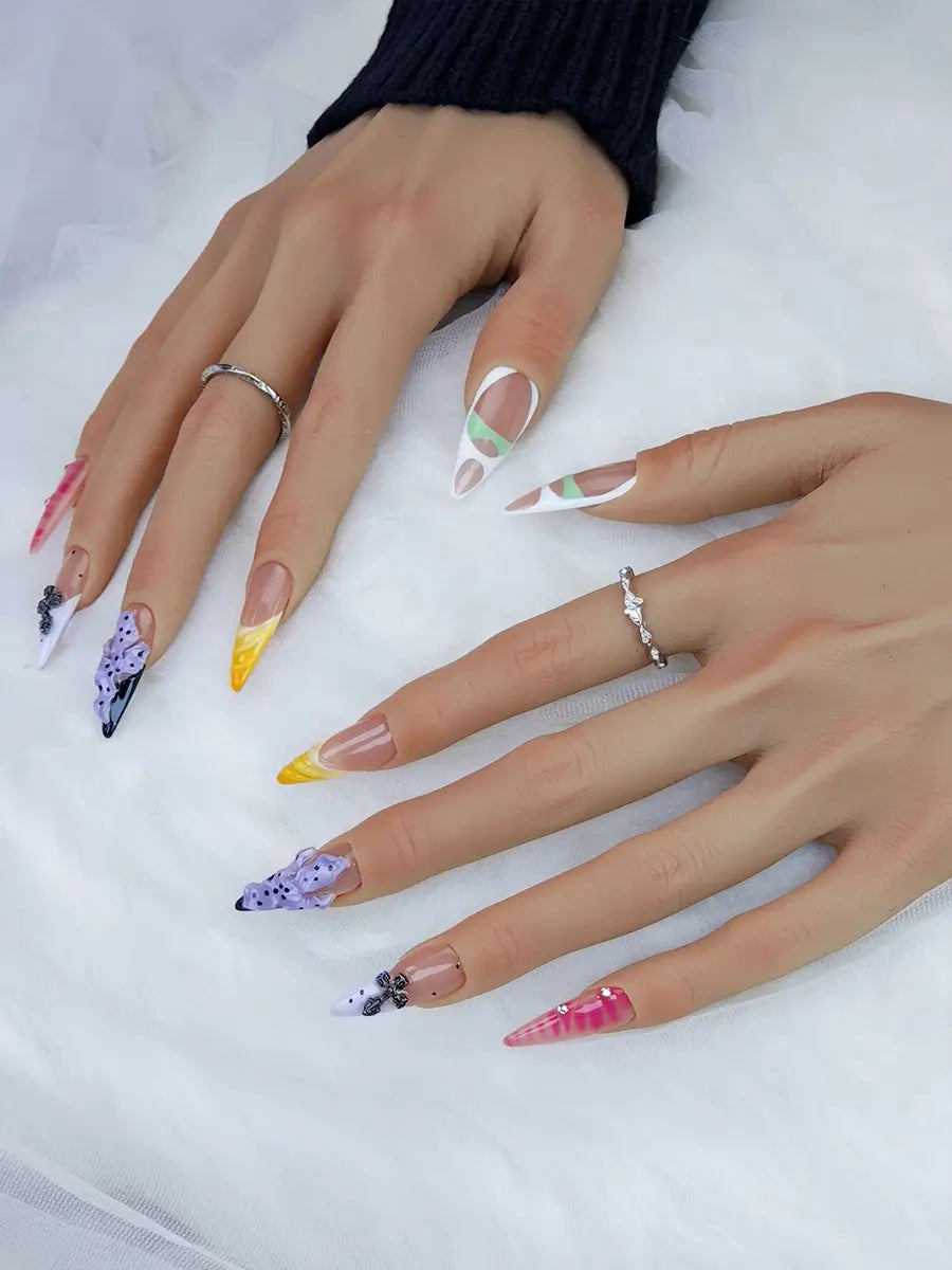 Cyberpunk Spiked Stiletto Press-On Nails with 3D Thorns & Metallic Cross Charms