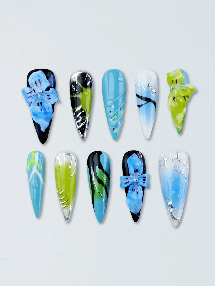 Ice Blue & Green Stiletto Press-On Nails with 3D Floral & Metallic Accents