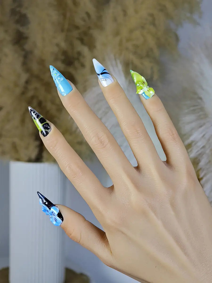 Ice Blue & Green Stiletto Press-On Nails with 3D Floral & Metallic Accents