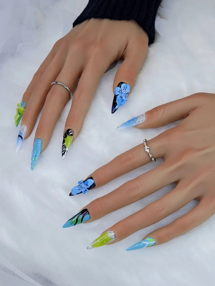 Ice Blue & Green Stiletto Press-On Nails with 3D Floral & Metallic Accents