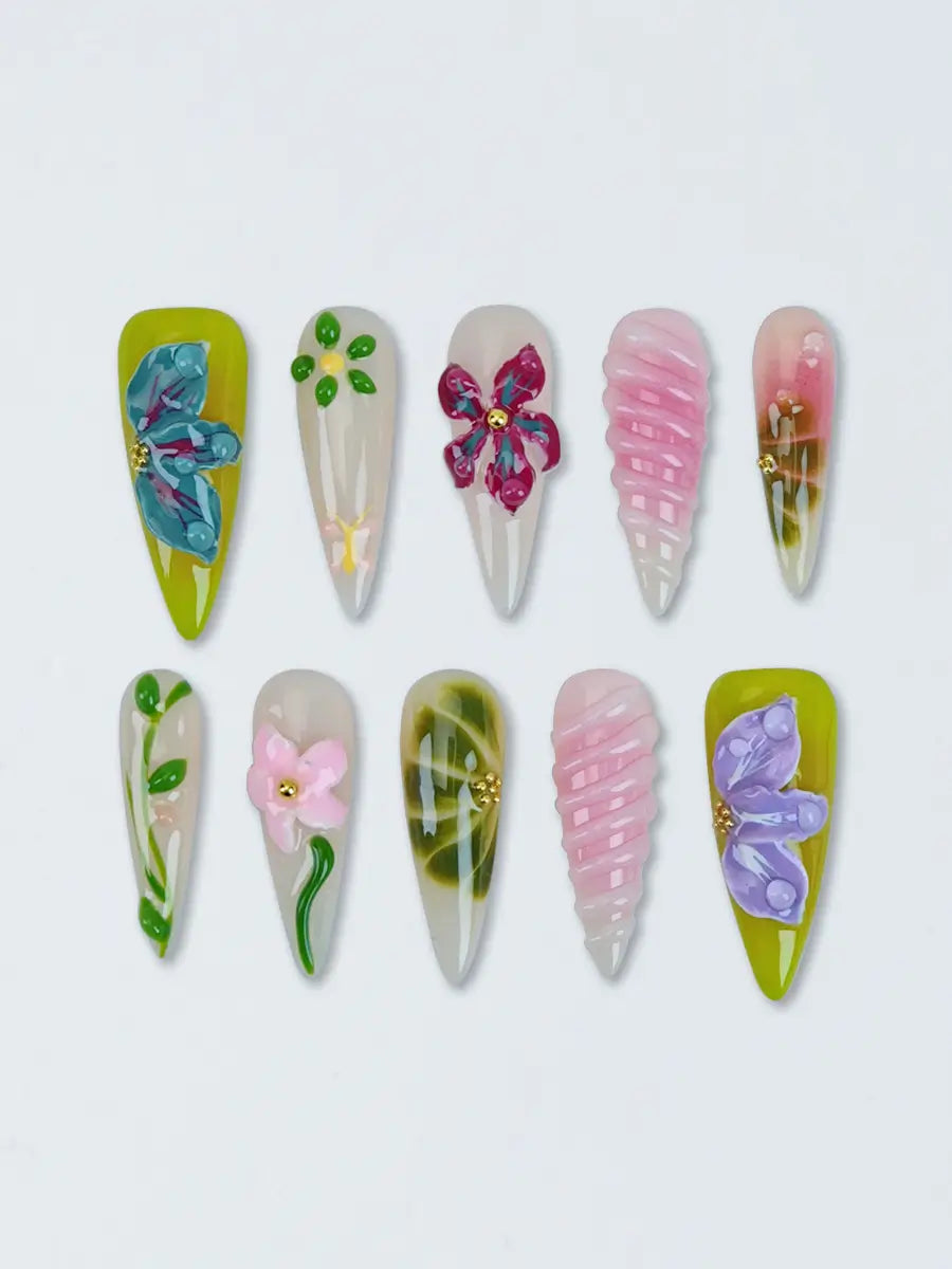 Boho Garden 3D Stiletto Press-On Nails in Soft Green & Nude Pink