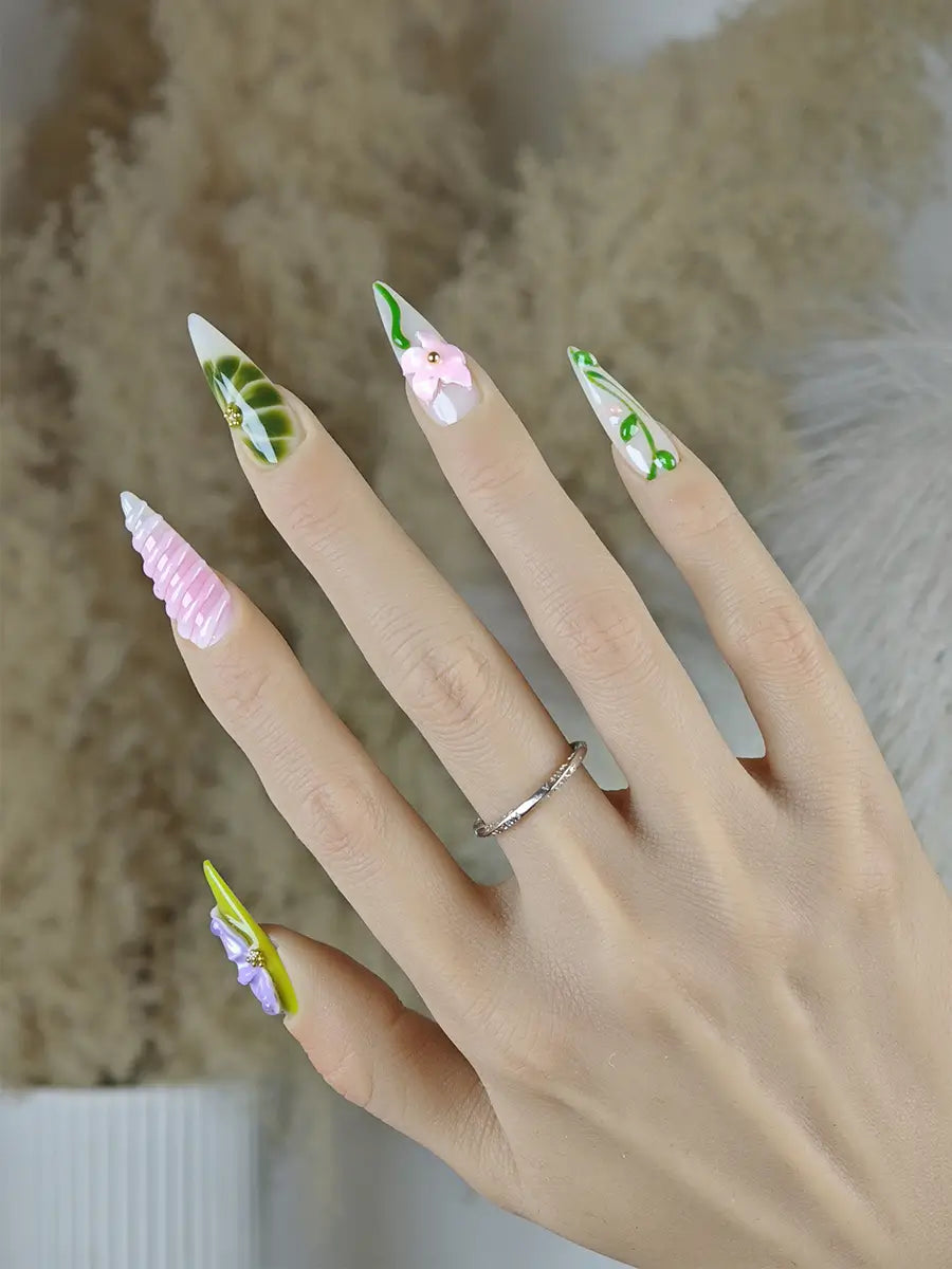 Boho Garden 3D Stiletto Press-On Nails in Soft Green & Nude Pink