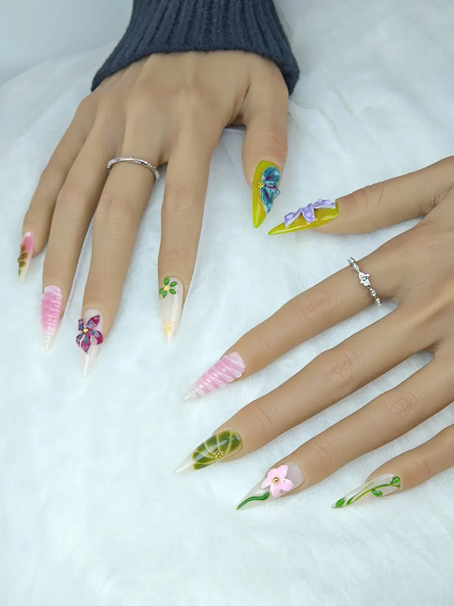Boho Garden 3D Stiletto Press-On Nails in Soft Green & Nude Pink
