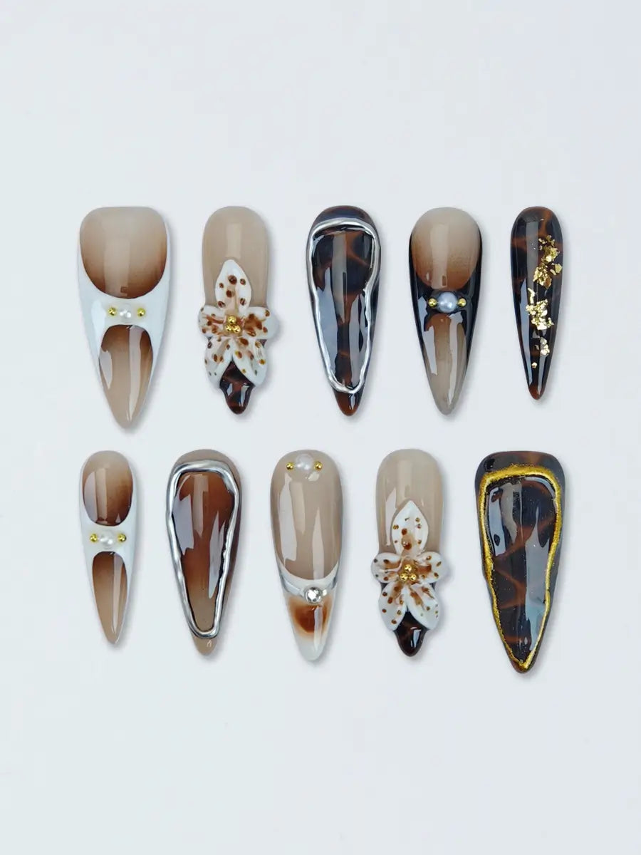 Vintage Tortoiseshell Luxe Stiletto Press-On Nails with 3D Floral Accents