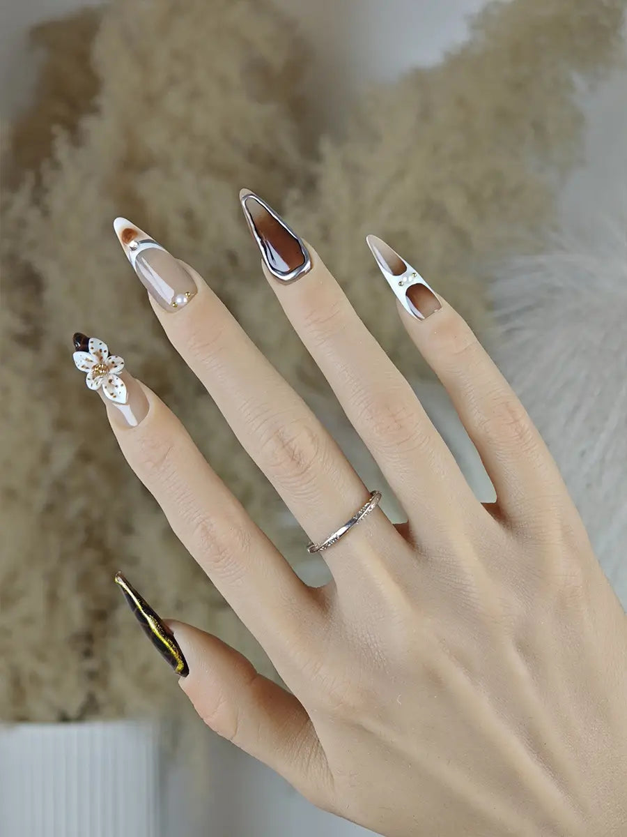 Vintage Tortoiseshell Luxe Stiletto Press-On Nails with 3D Floral Accents