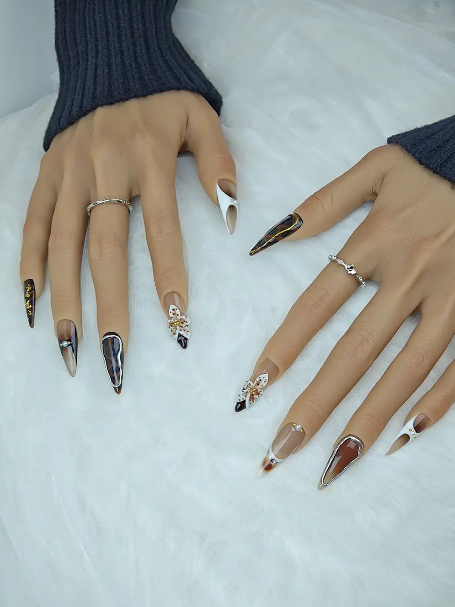 Vintage Tortoiseshell Luxe Stiletto Press-On Nails with 3D Floral Accents