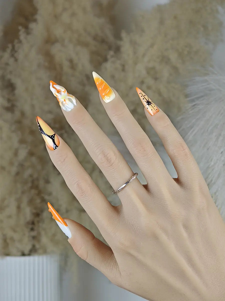 Vintage Halloween Stiletto Press-On Nails with 3D Sculpted Florals