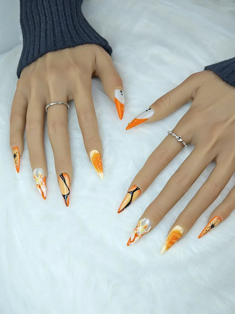 Vintage Halloween Stiletto Press-On Nails with 3D Sculpted Florals