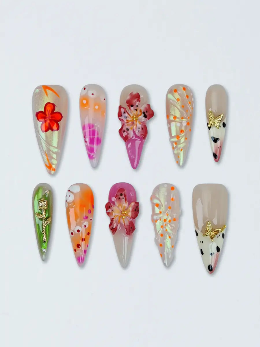3D Floral & Butterfly Mixed-Style Press-On Nails with Laser Gradient