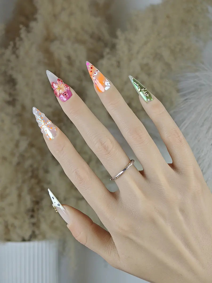 3D Floral & Butterfly Mixed-Style Press-On Nails with Laser Gradient