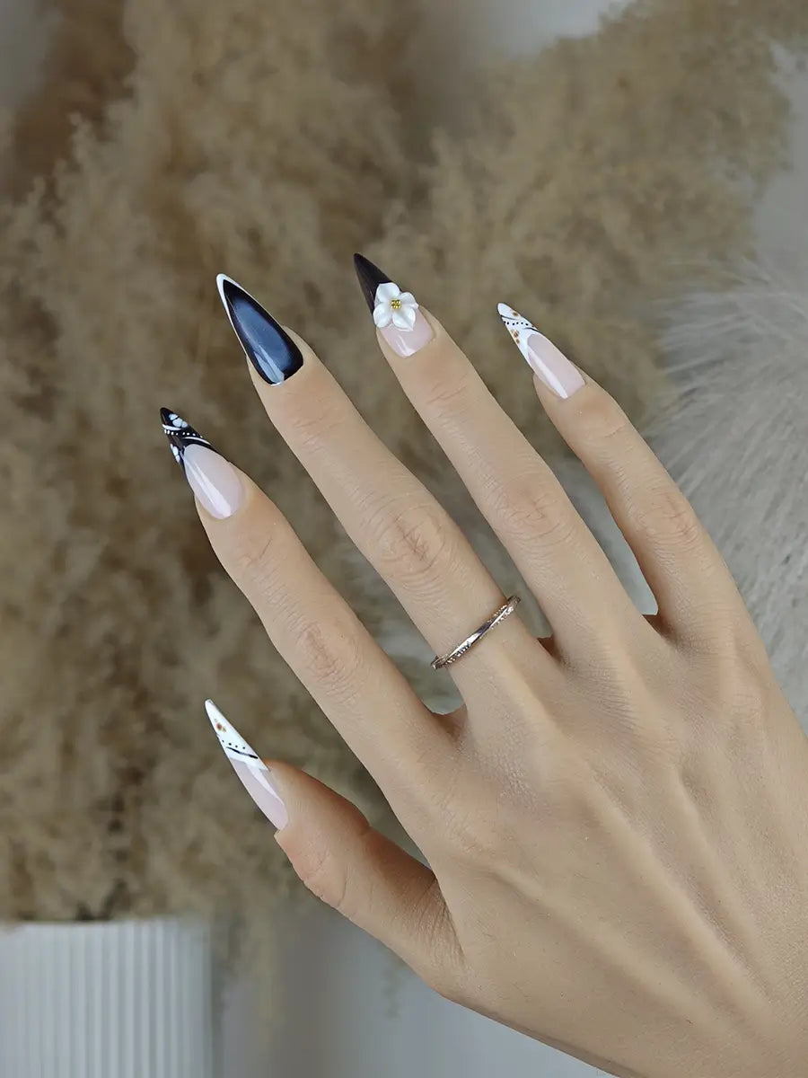 Vintage Elegance 3D Floral Press-On Nails with Black-Blue Gradient