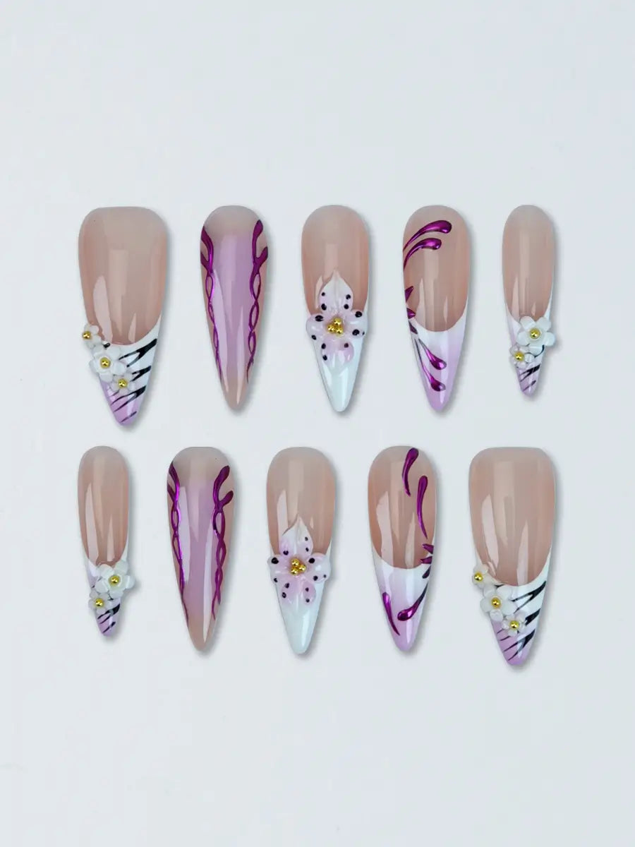 Boho Sweet 3D Floral Press-On Nails with Nude Pink Base