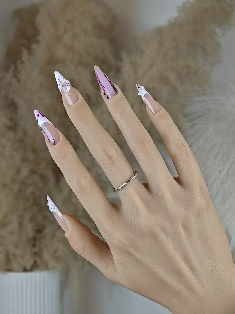 Boho Sweet 3D Floral Press-On Nails with Nude Pink Base