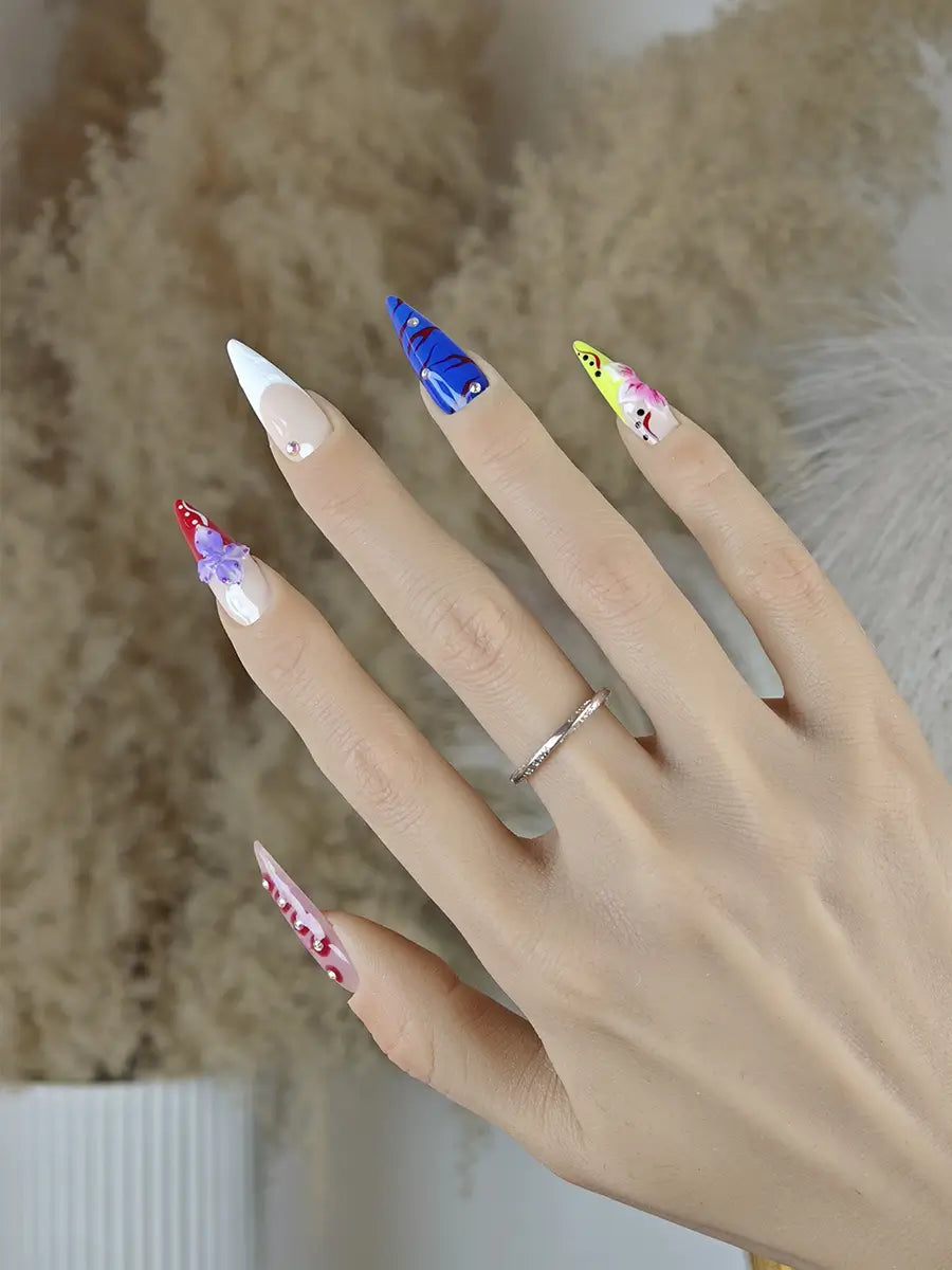 Pop Art Stiletto Press-On Nails – High Contrast 3D Floral with Rhinestones