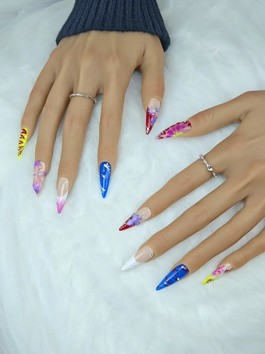 Pop Art Stiletto Press-On Nails – High Contrast 3D Floral with Rhinestones