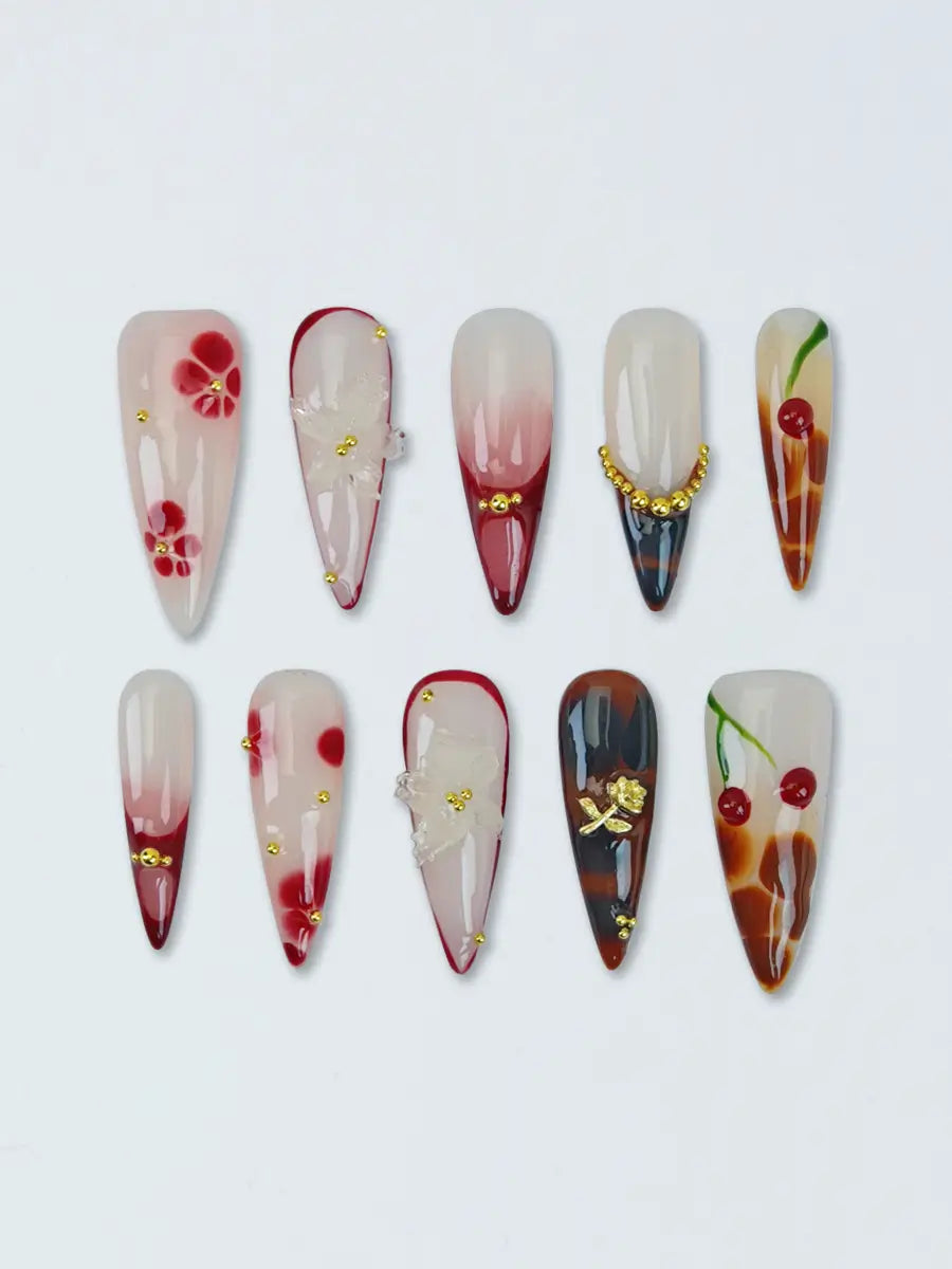 New Oriental Vintage 3D Stiletto Press-On Nails – Nude Pink & Wine Red
