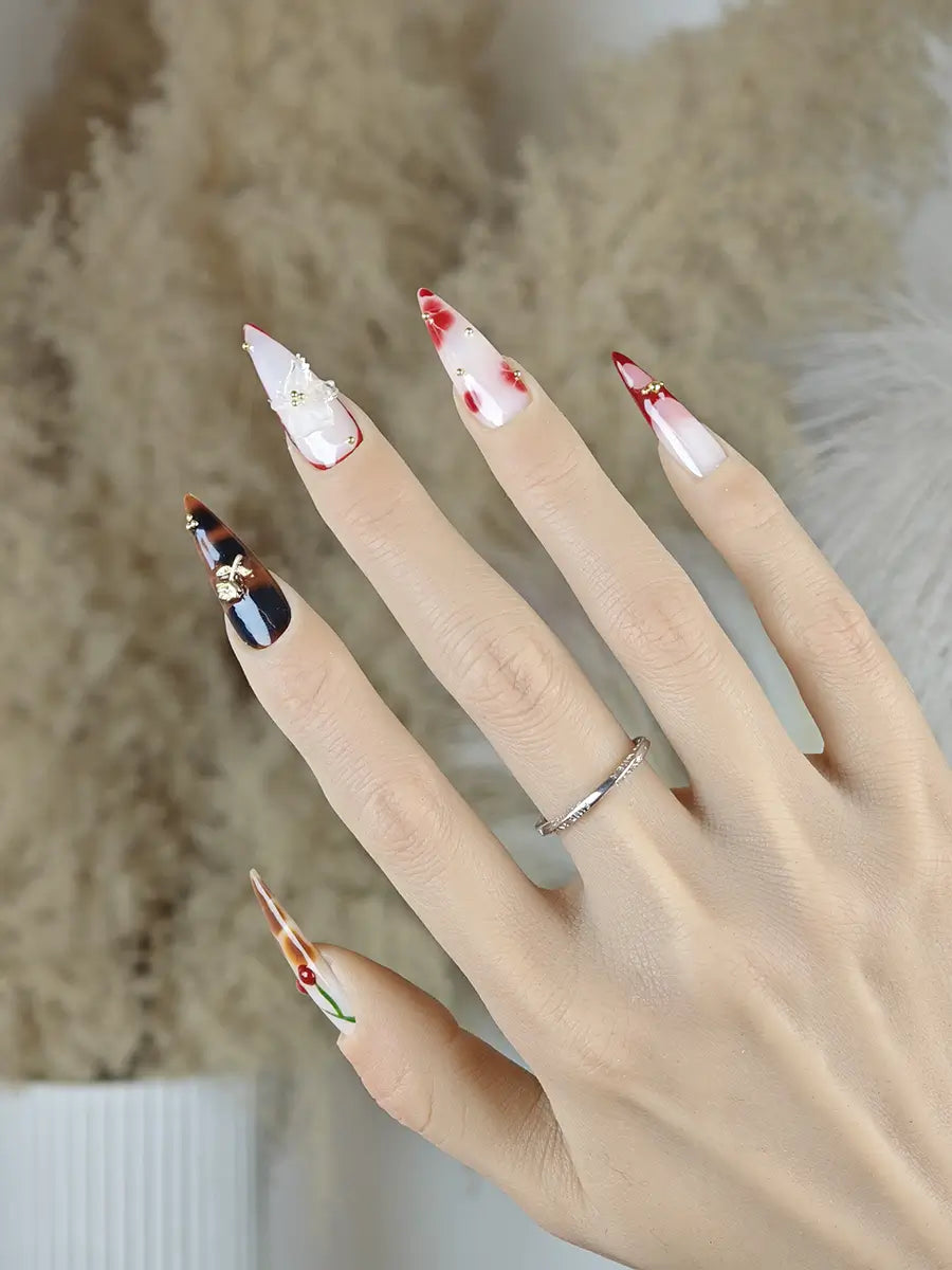 New Oriental Vintage 3D Stiletto Press-On Nails – Nude Pink & Wine Red