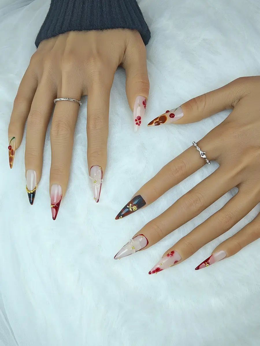 New Oriental Vintage 3D Stiletto Press-On Nails – Nude Pink & Wine Red