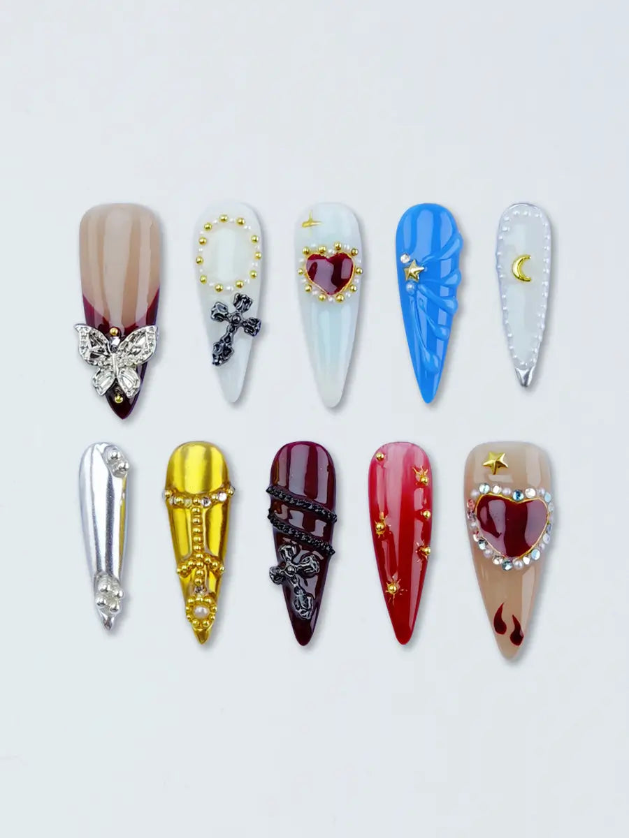 Multi-Element Gothic Luxury Stiletto Press-On Nails with Metallic & Rhinestone Accents
