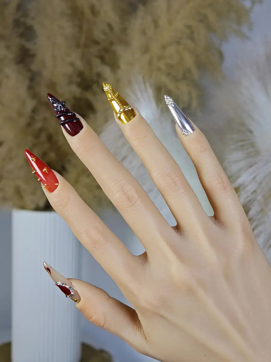 Multi-Element Gothic Luxury Stiletto Press-On Nails with Metallic & Rhinestone Accents