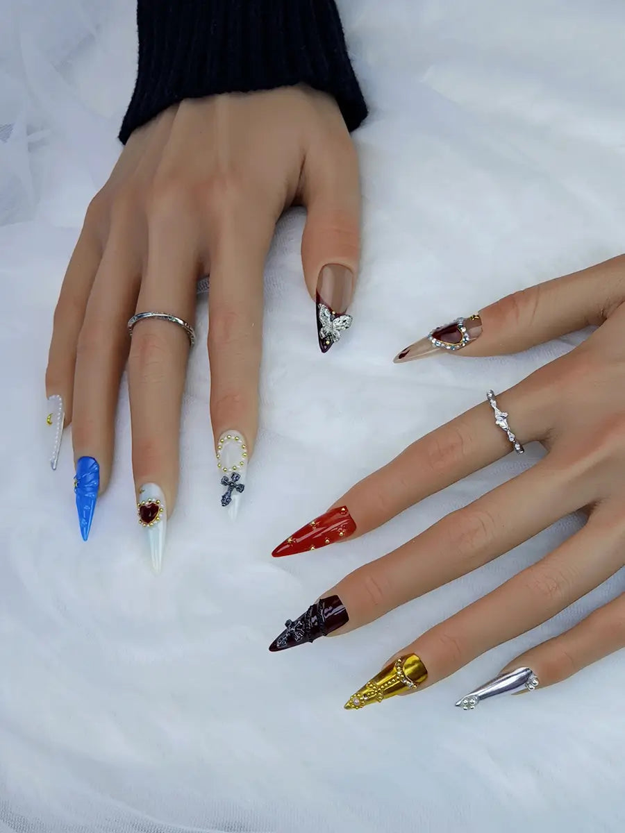 Multi-Element Gothic Luxury Stiletto Press-On Nails with Metallic & Rhinestone Accents