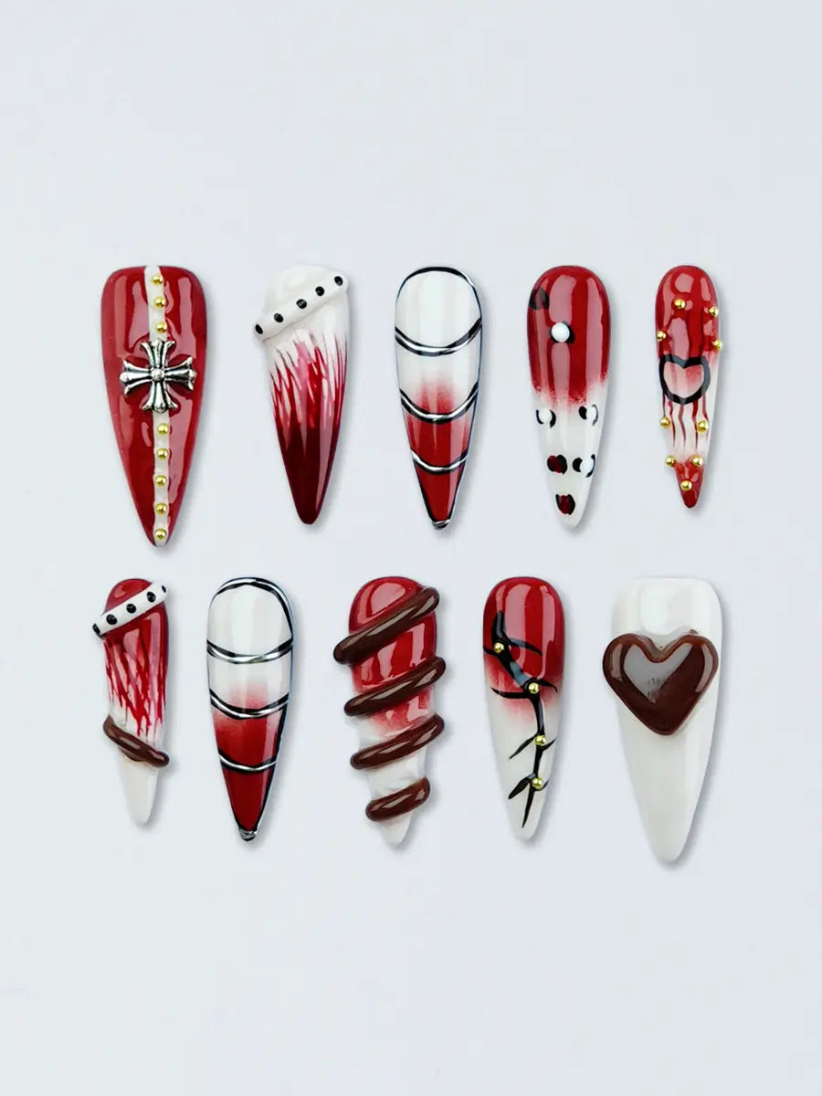 Red Brown Gothic Stiletto Nails with Metal Accents & 3D Thorns