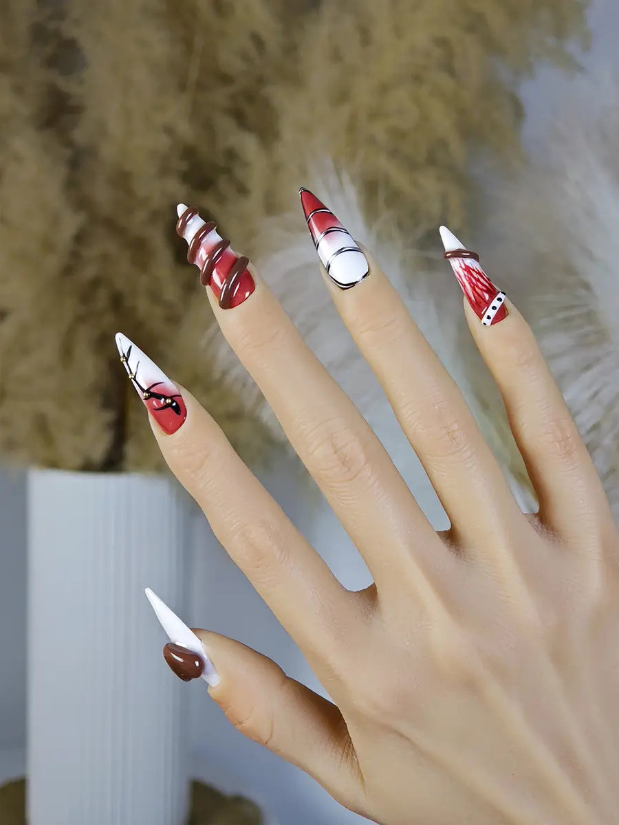 Red Brown Gothic Stiletto Nails with Metal Accents & 3D Thorns