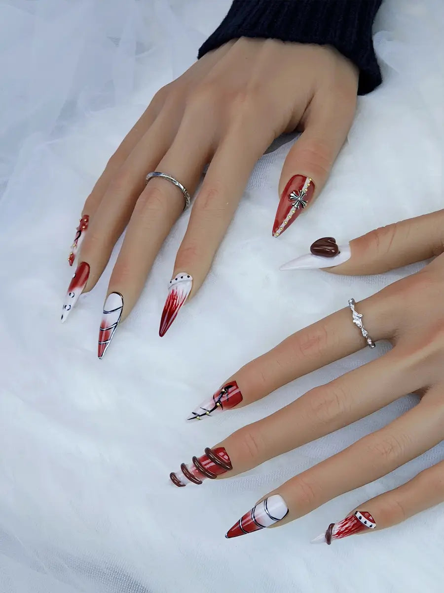 Red Brown Gothic Stiletto Nails with Metal Accents & 3D Thorns