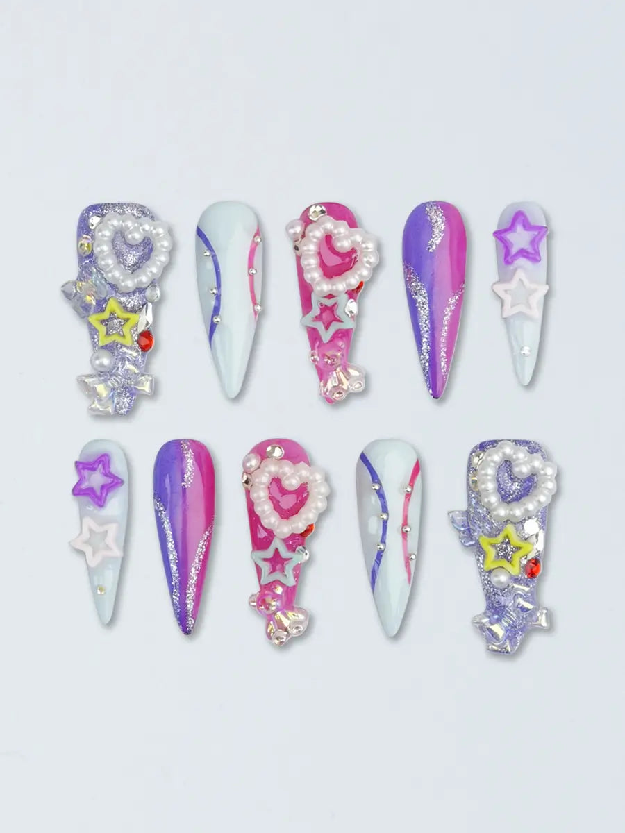 Dreamy Star & Heart Crystal Press-On Nails – Pink Purple & Silver Sparkle