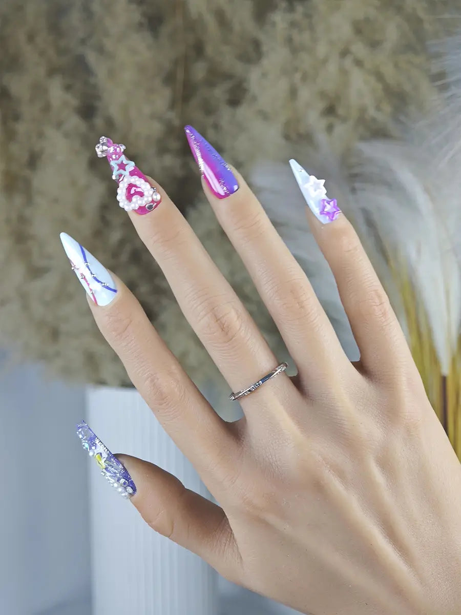 Dreamy Star & Heart Crystal Press-On Nails – Pink Purple & Silver Sparkle