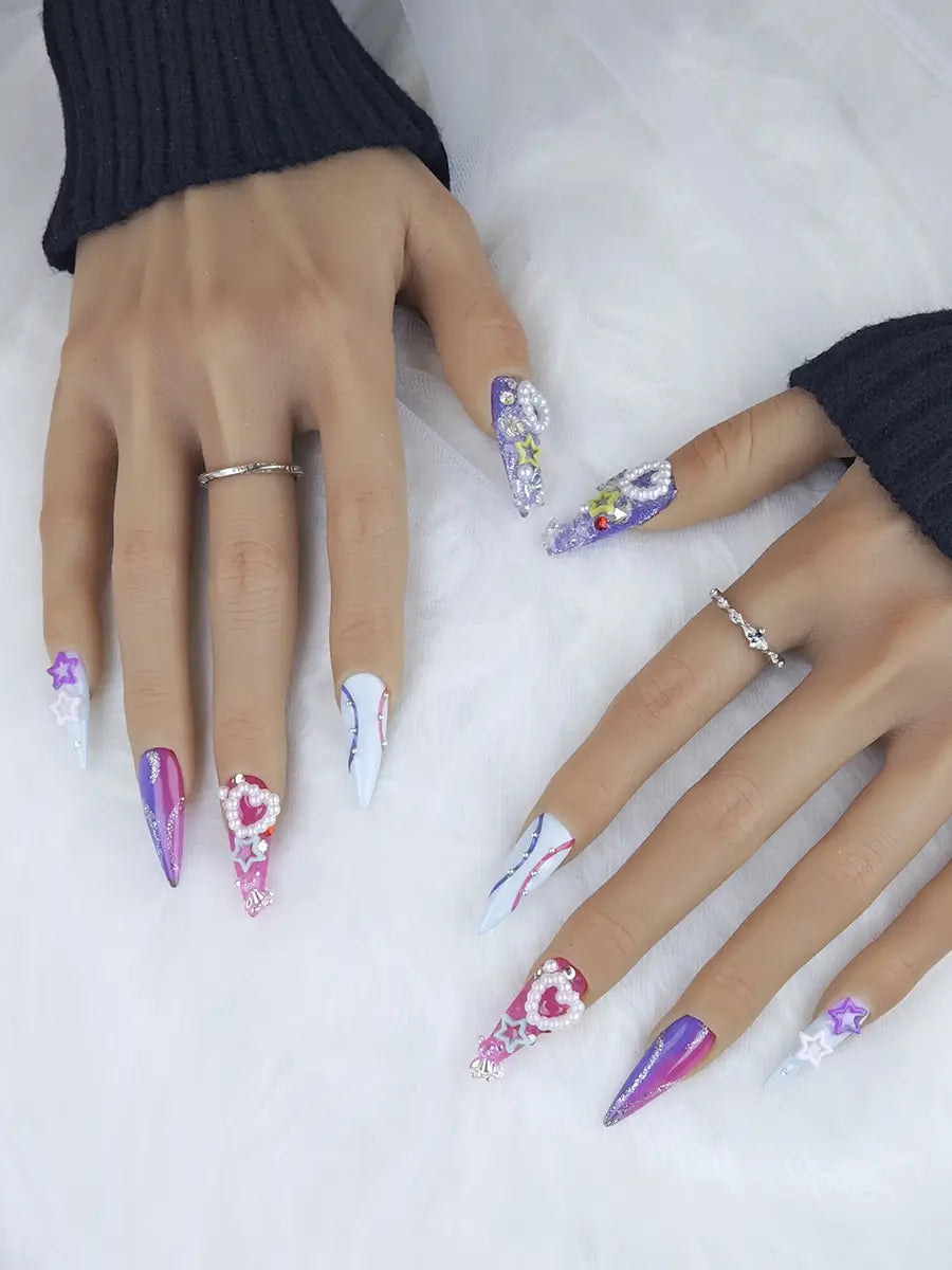 Dreamy Star & Heart Crystal Press-On Nails – Pink Purple & Silver Sparkle