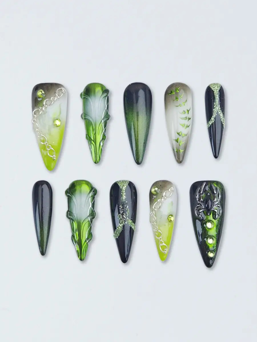 Dark Gothic Forest Stiletto Press-On Nails – Black & Green Gradient