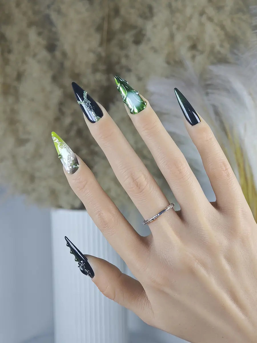 Dark Gothic Forest Stiletto Press-On Nails – Black & Green Gradient