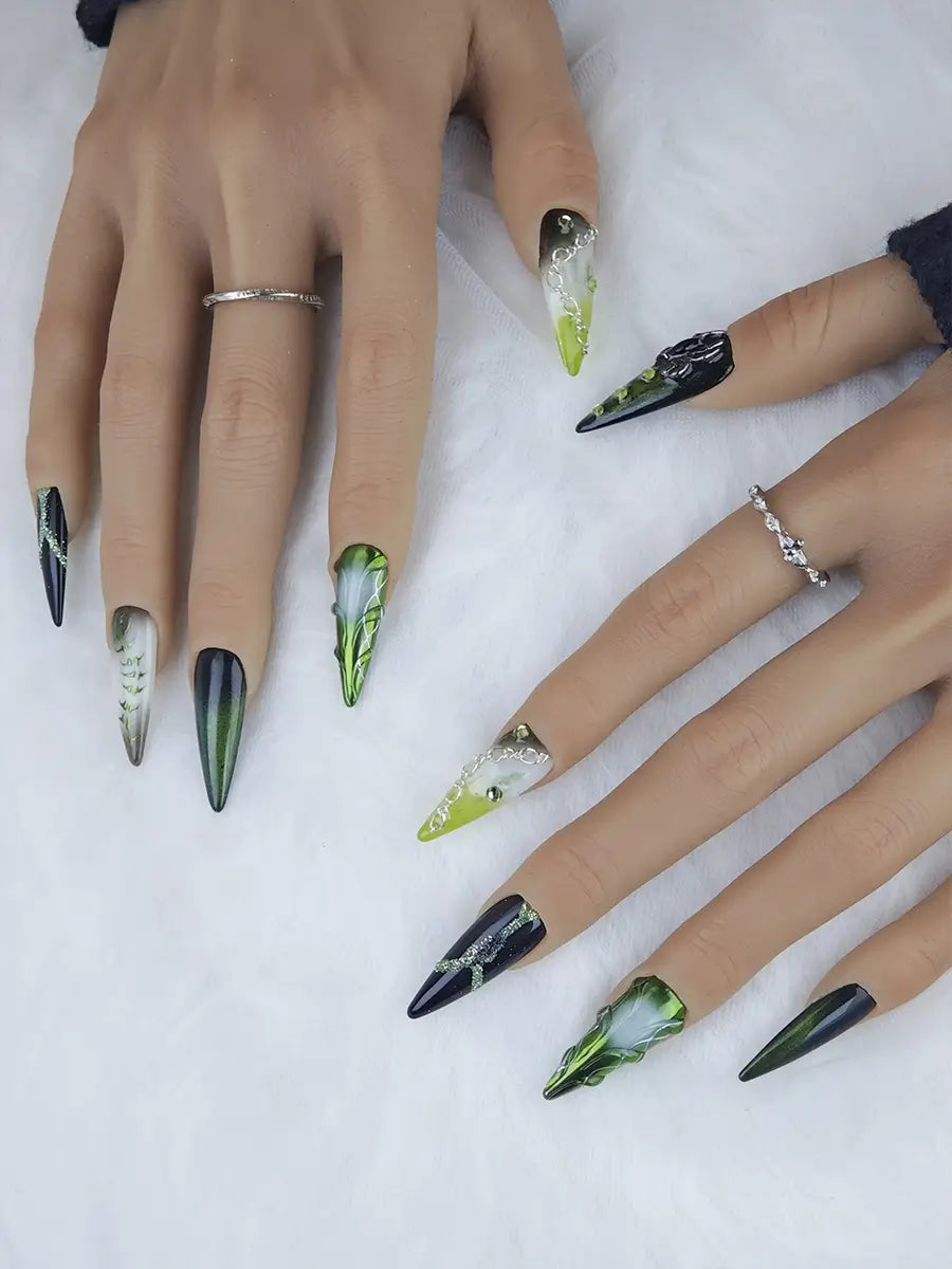 Dark Gothic Forest Stiletto Press-On Nails – Black & Green Gradient